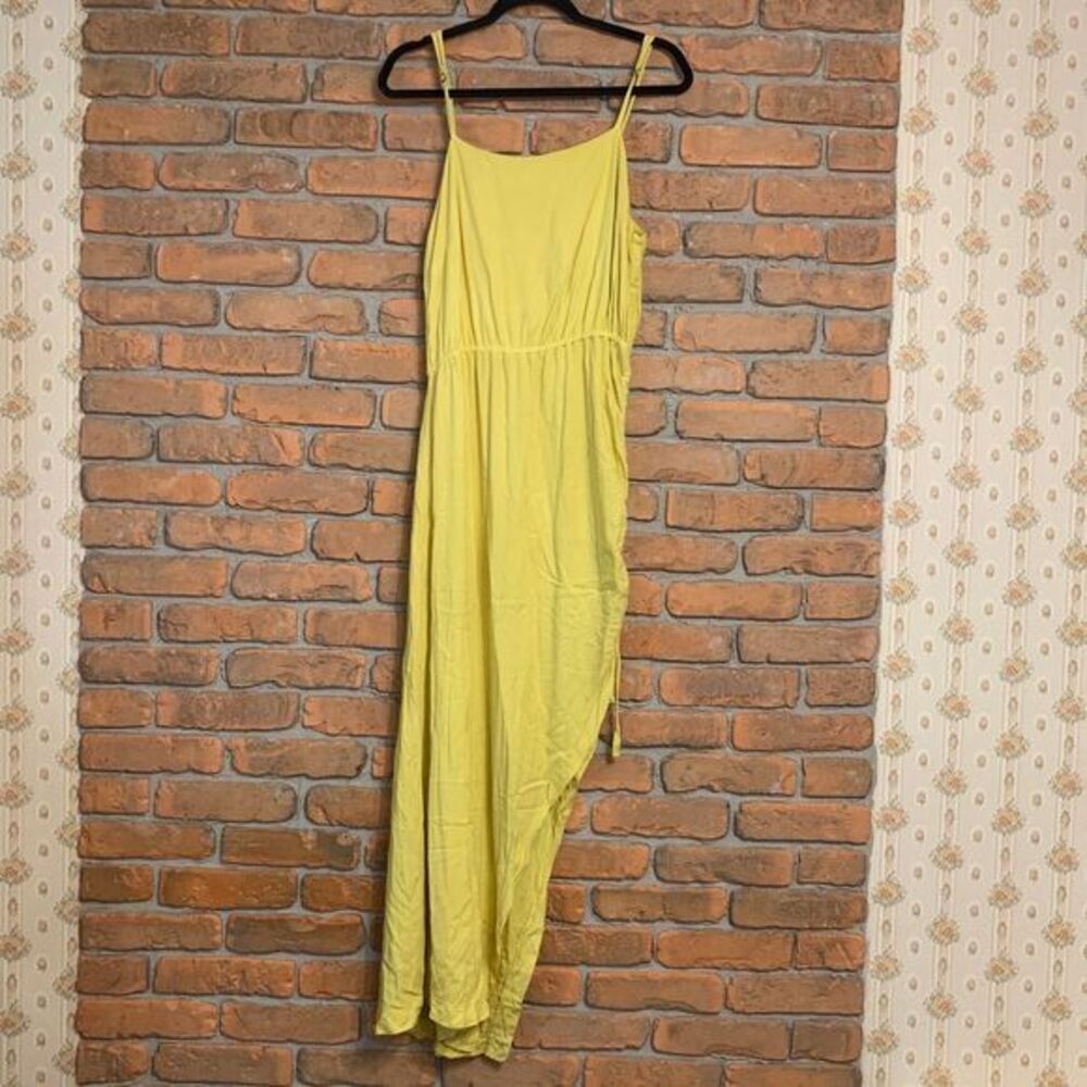LA Made Womens M Yellow Rayon Maxi Dress Ruched Side Slit‎ Strappy Summer